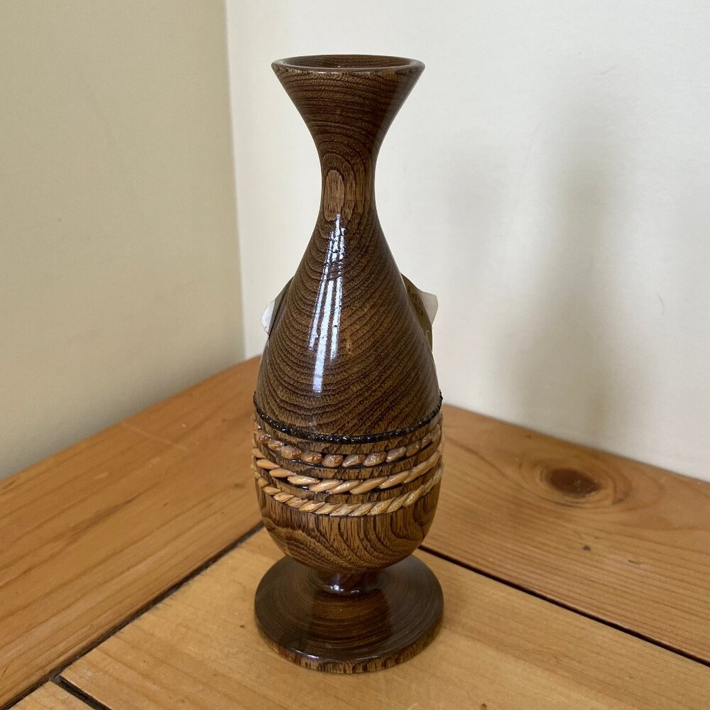 Hand Turned Caragana Wood Flower Bud Vase Grain Inlay Vintage Made in Canada